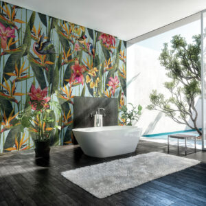 Luxury condominium bathroom with glass wall